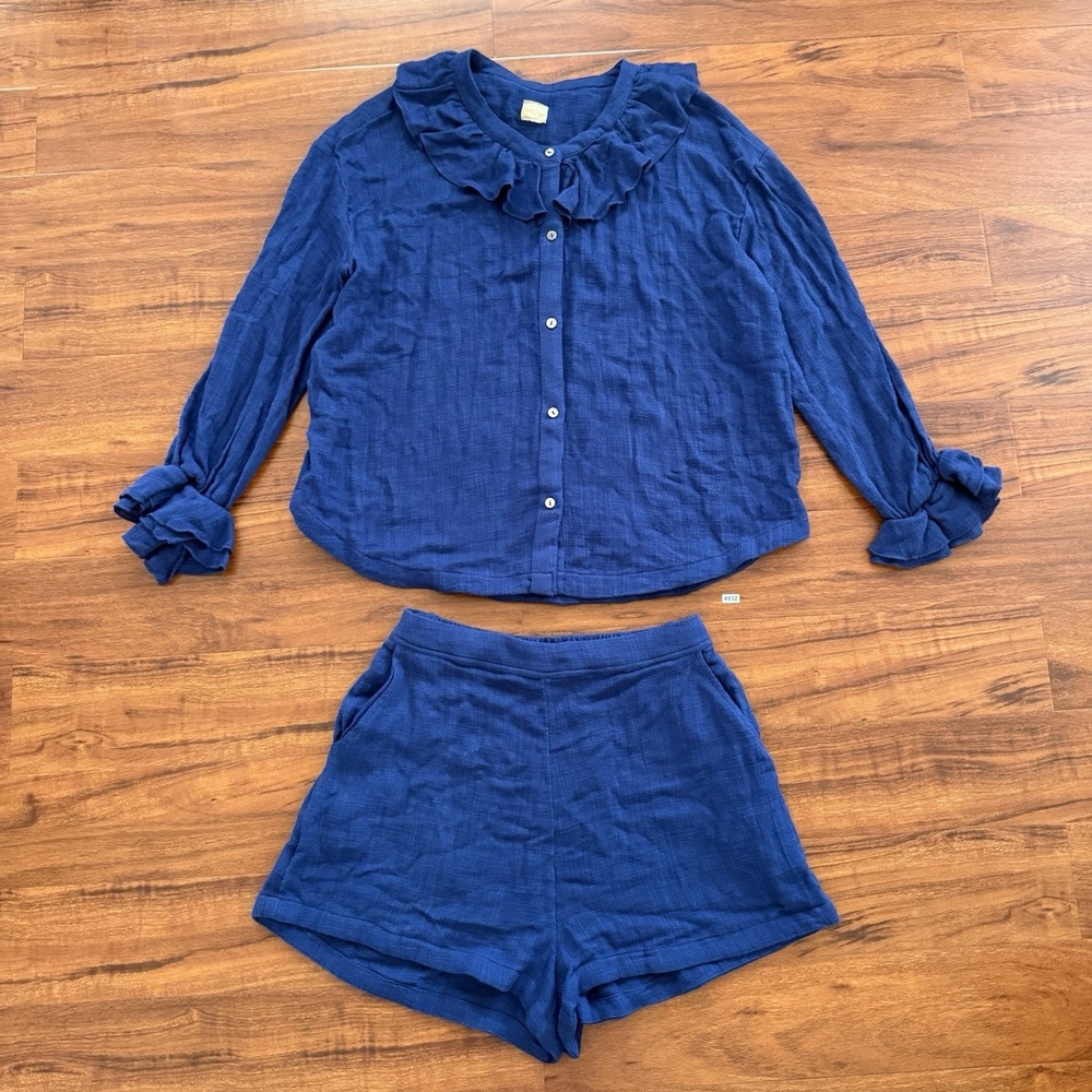 Free People Navy Blue Ruffle Collar Button-Down Blouse and Shorts Set